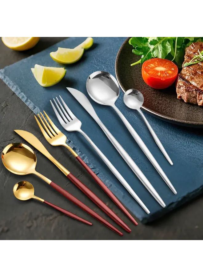 Golden Red Handle Cutlery 4 Piece Set Stainless Steel Knife Fork Spoon - Image 1